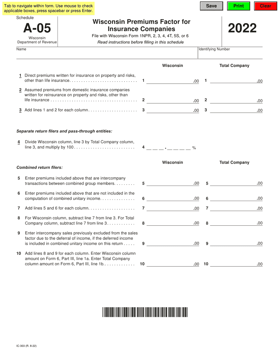 Form IC-303 Schedule A-05 Wisconsin Premiums Factor for Insurance Companies - Wisconsin, Page 1