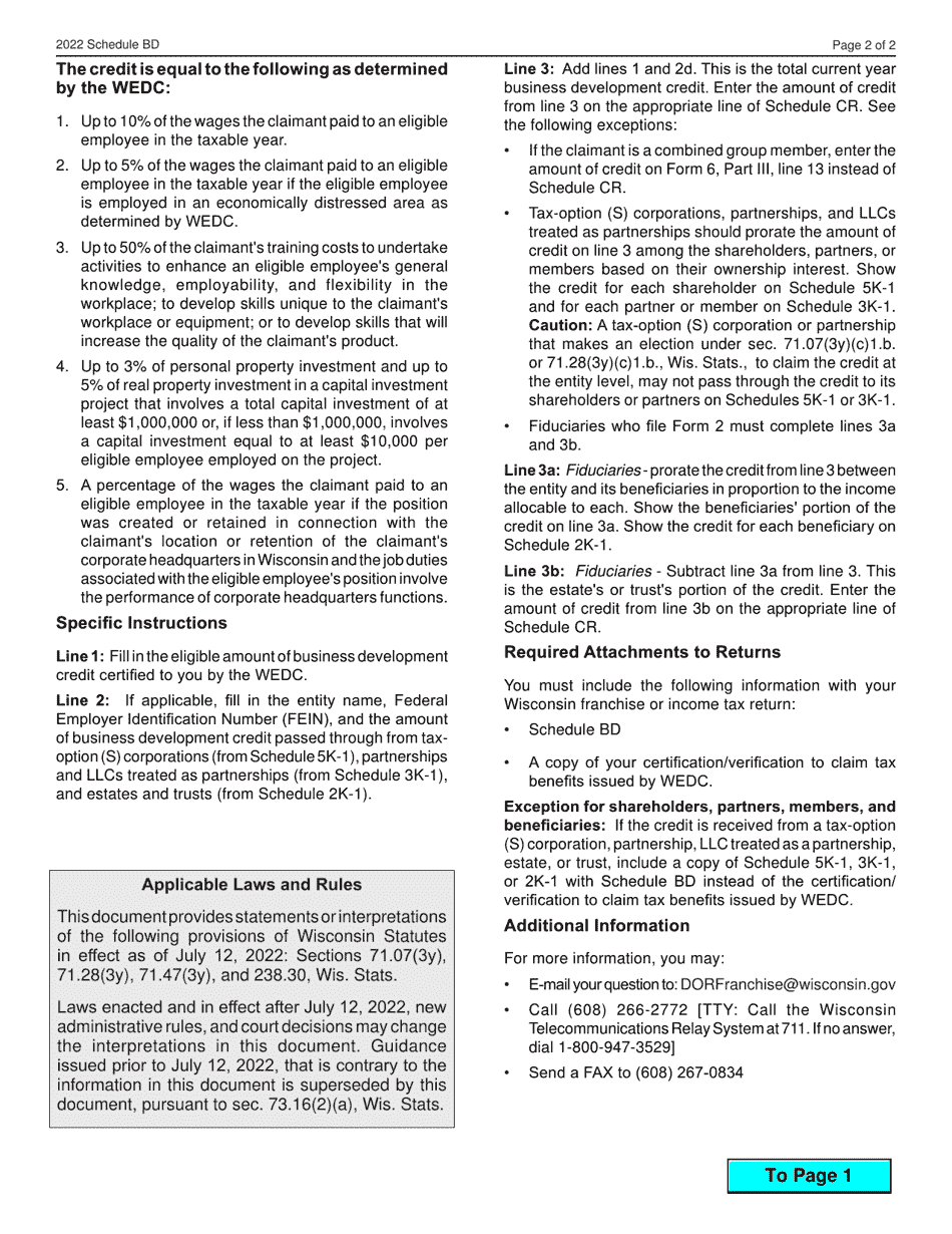 Form IC-077 Schedule BD Business Development Credit - Wisconsin, Page 2