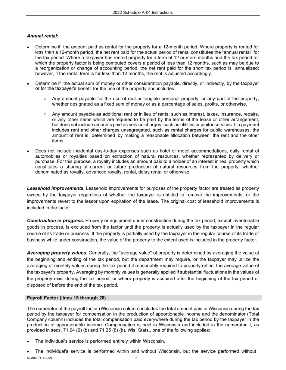 Instructions for Form IC-302 Schedule A-04 Wisconsin Apportionment Percentage for Interstate Telecommunications Companies - Wisconsin, Page 2