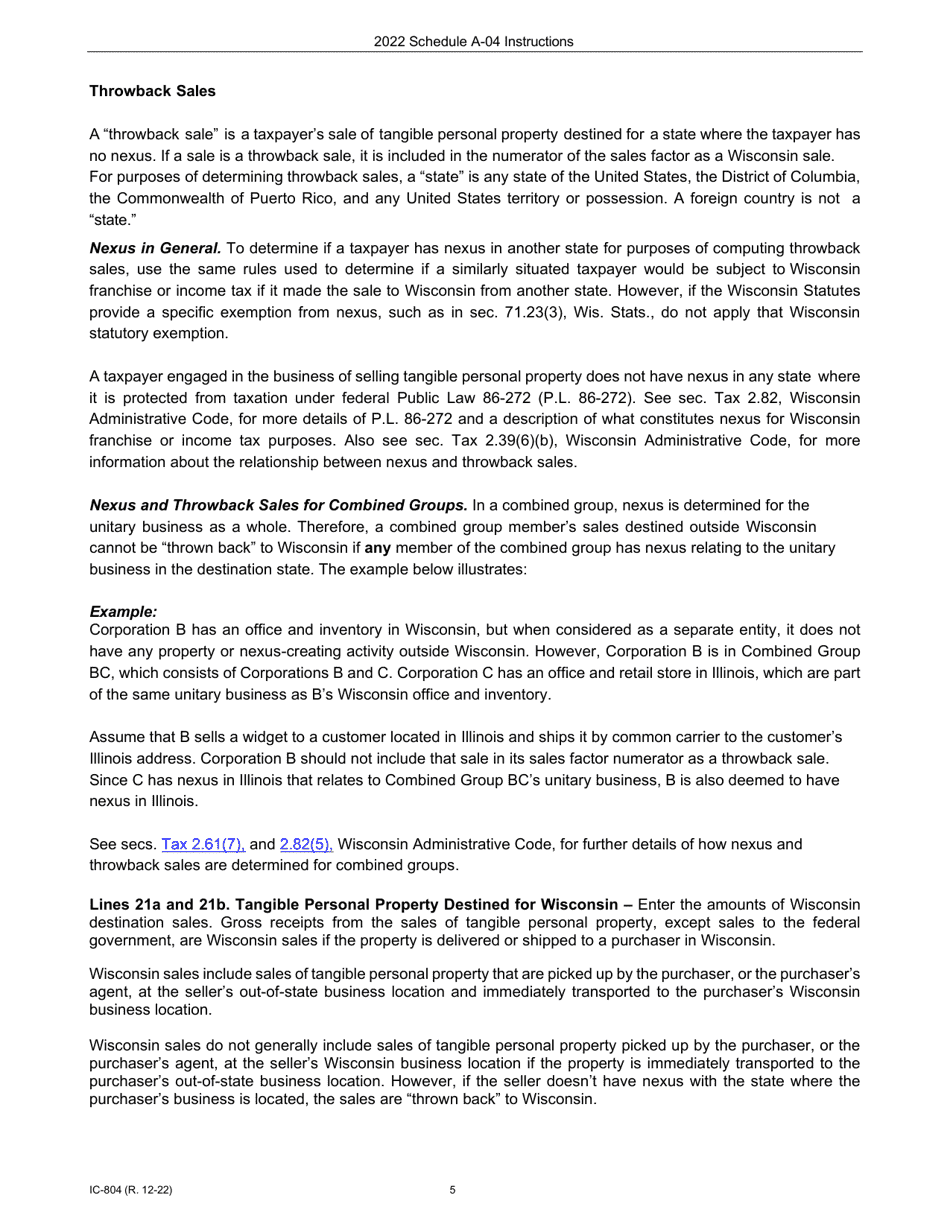 Instructions for Form IC-302 Schedule A-04 Wisconsin Apportionment Percentage for Interstate Telecommunications Companies - Wisconsin, Page 5