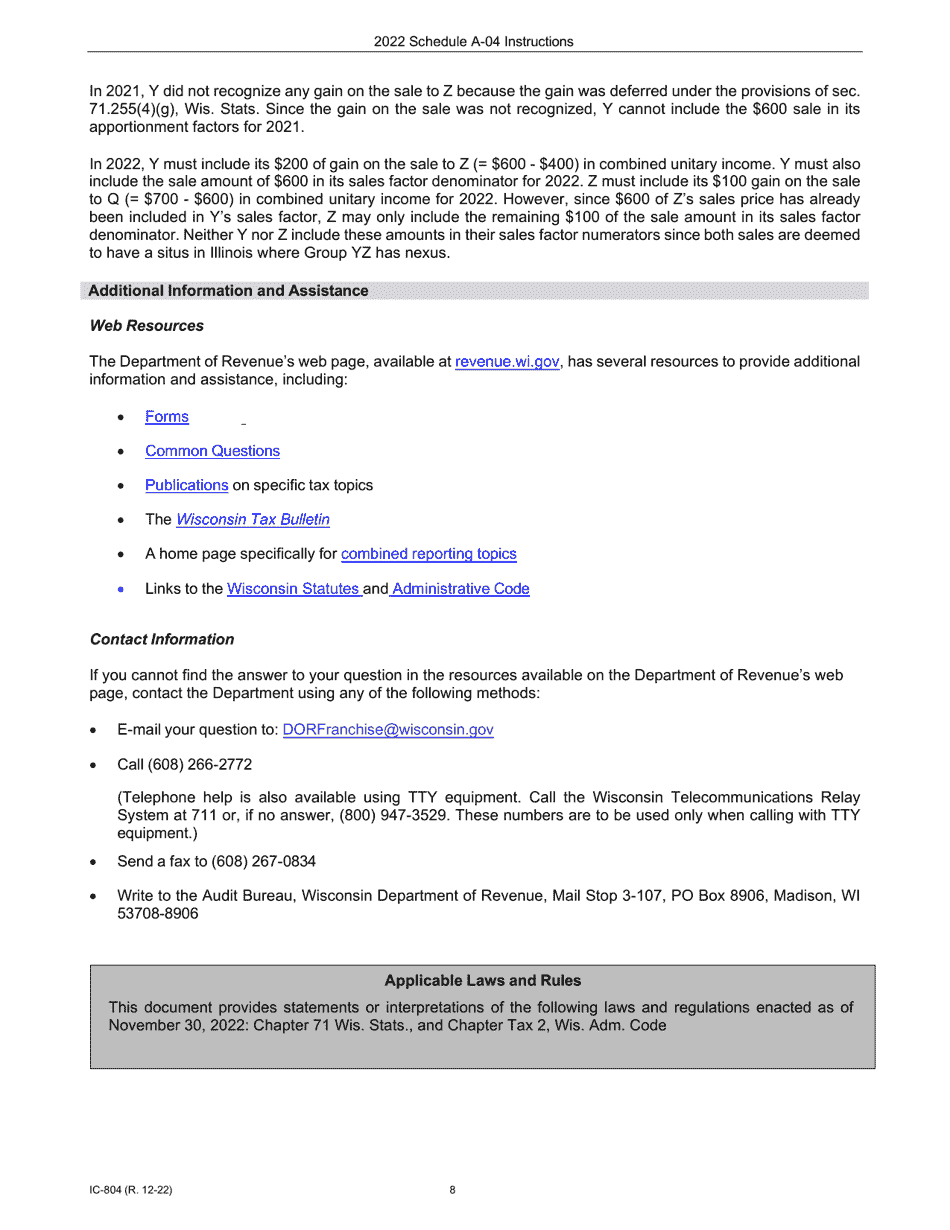 Instructions for Form IC-302 Schedule A-04 Wisconsin Apportionment Percentage for Interstate Telecommunications Companies - Wisconsin, Page 8