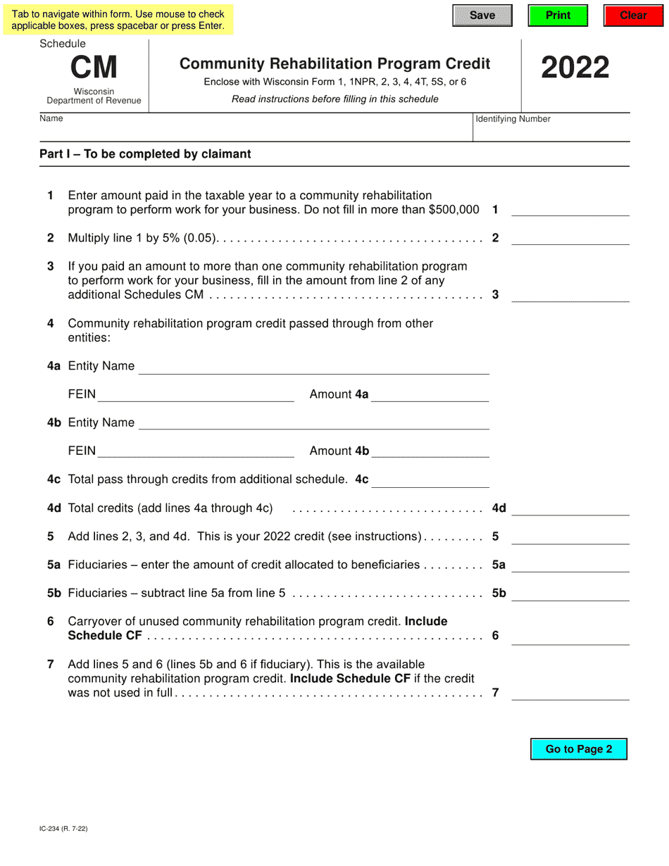 Form IC-234 Schedule CM Community Rehabilitation Program Credit - Wisconsin, Page 1