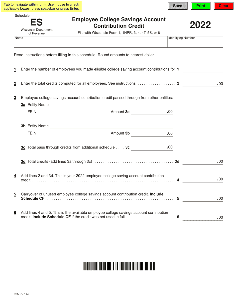 Form I-832 Schedule ES Employee College Savings Account Contribution Credit - Wisconsin, Page 1