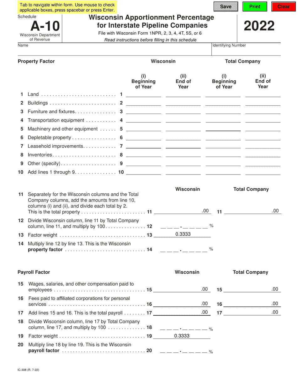 Form IC-308 Schedule A-10 Wisconsin Apportionment Percentage for Interstate Pipeline Companies - Wisconsin, Page 1