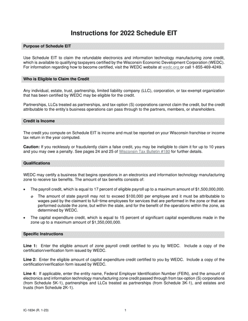 Form IC-834 Schedule EIT 2022 Printable Pdf