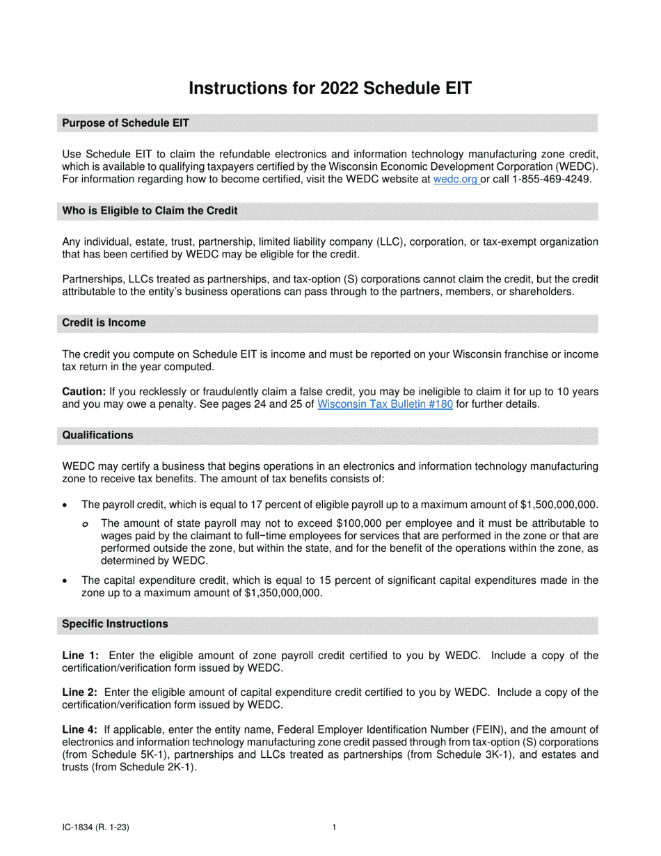 Instructions for Form IC-834 Schedule EIT Electronics and Information Technology Manufacturing Zone Credit - Wisconsin, Page 1