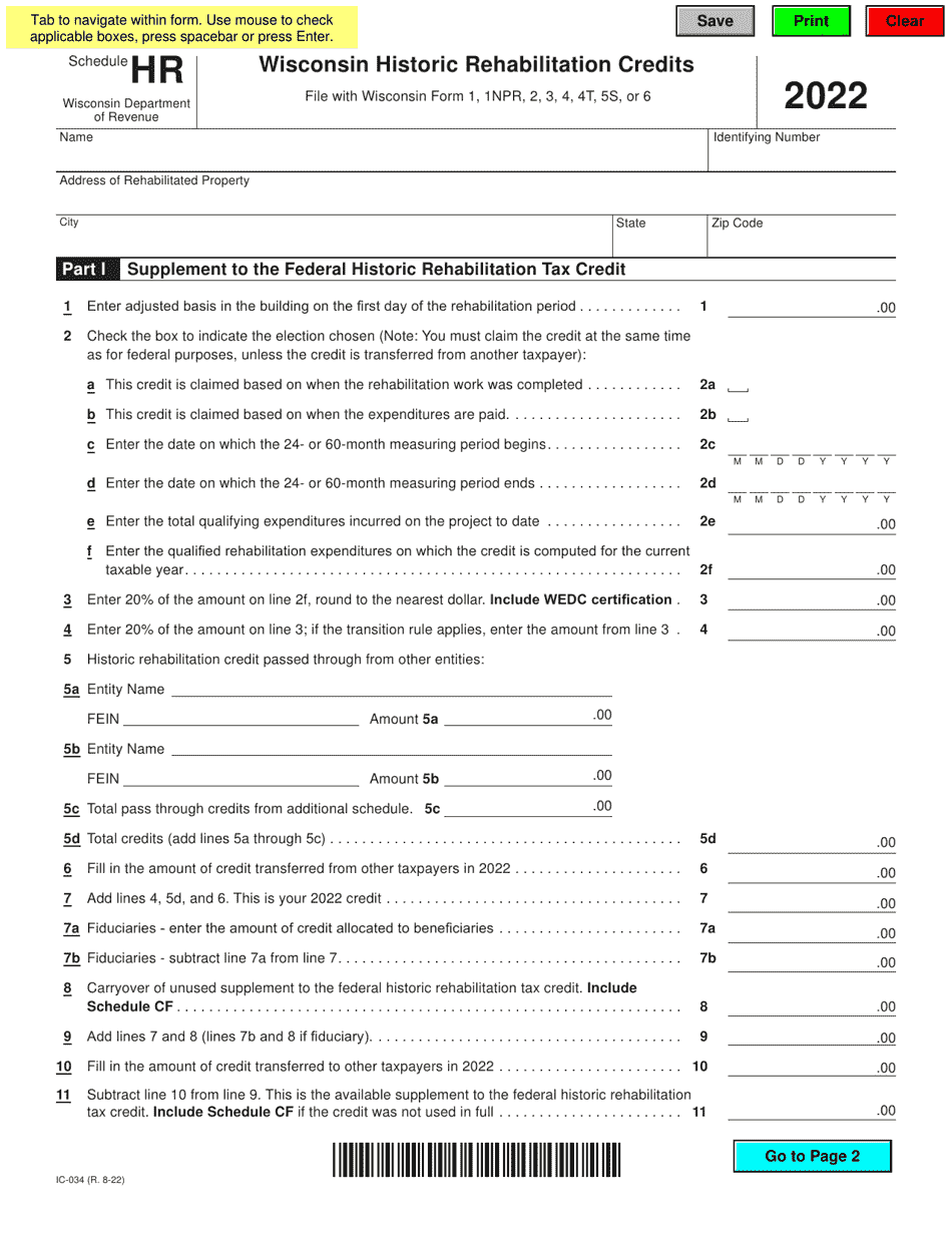 Form IC-034 Schedule HR Wisconsin Historic Rehabilitation Credits - Wisconsin, Page 1