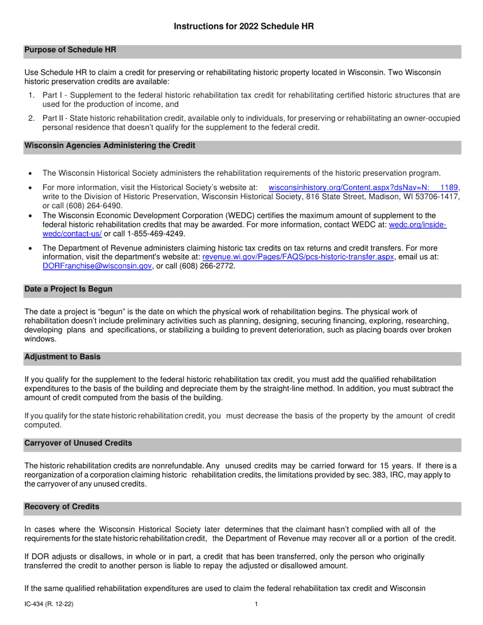 Instructions for Form IC-034 Schedule HR Wisconsin Historic Rehabilitation Credits - Wisconsin, Page 1