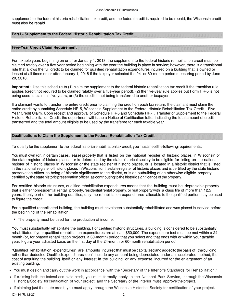 Instructions for Form IC-034 Schedule HR Wisconsin Historic Rehabilitation Credits - Wisconsin, Page 2