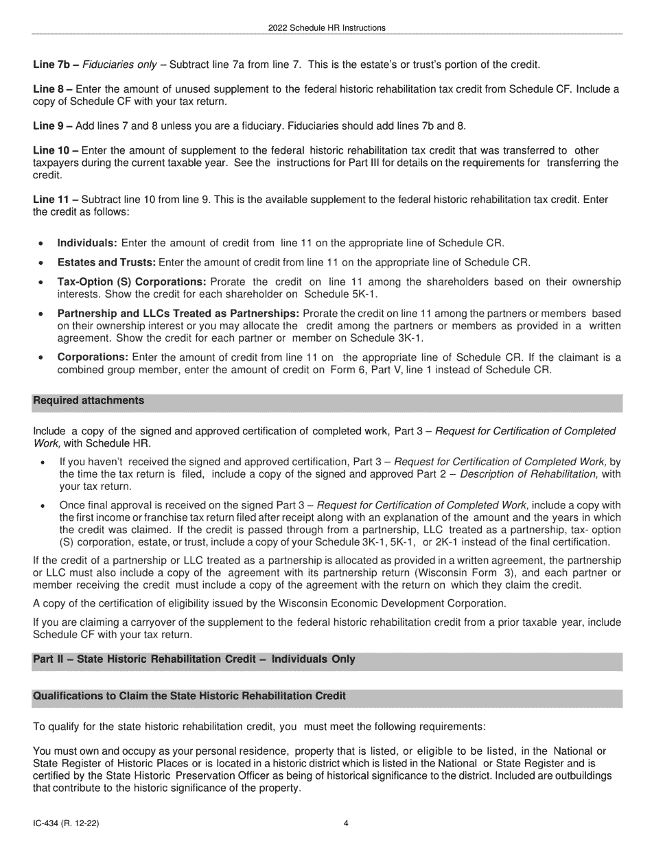 Instructions for Form IC-034 Schedule HR Wisconsin Historic Rehabilitation Credits - Wisconsin, Page 4