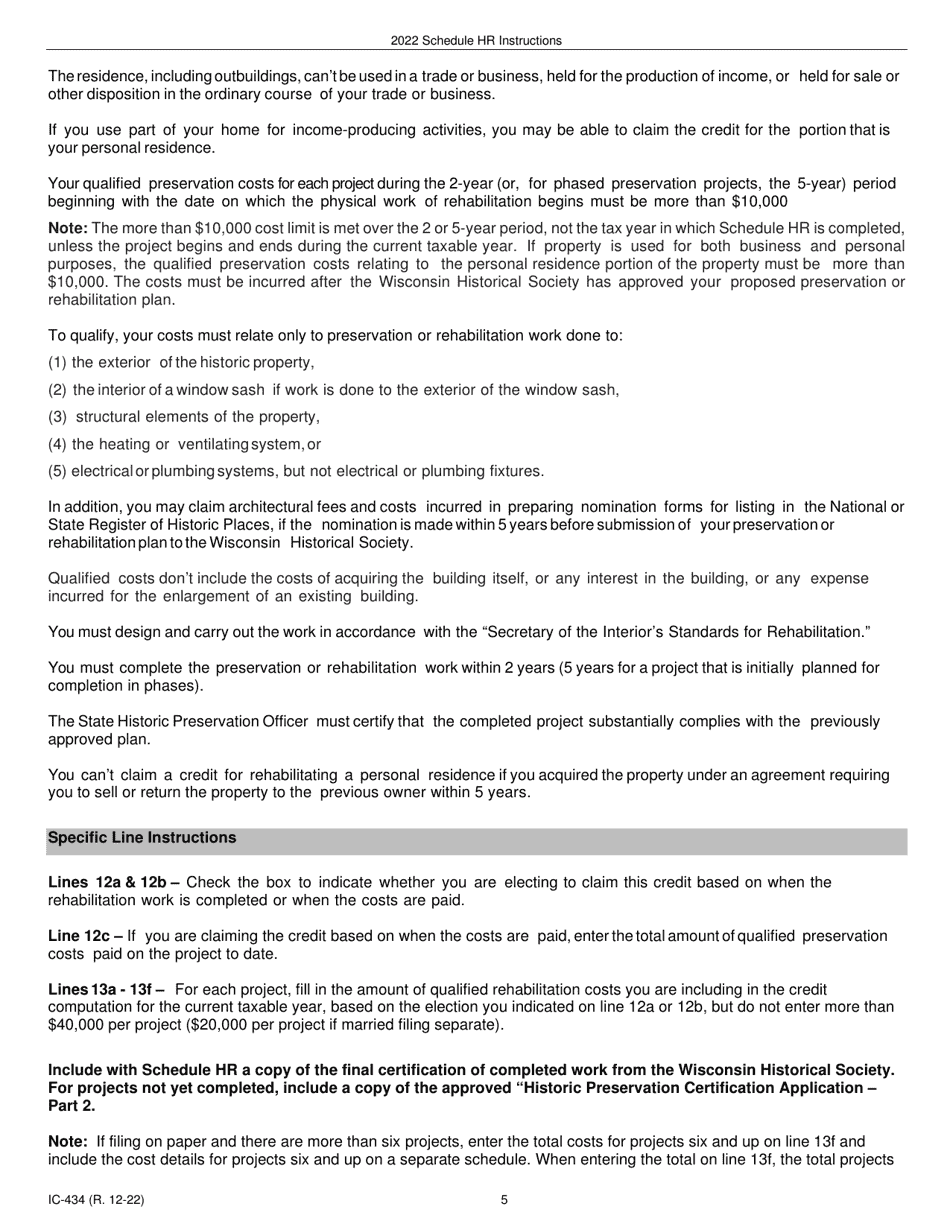 Instructions for Form IC-034 Schedule HR Wisconsin Historic Rehabilitation Credits - Wisconsin, Page 5