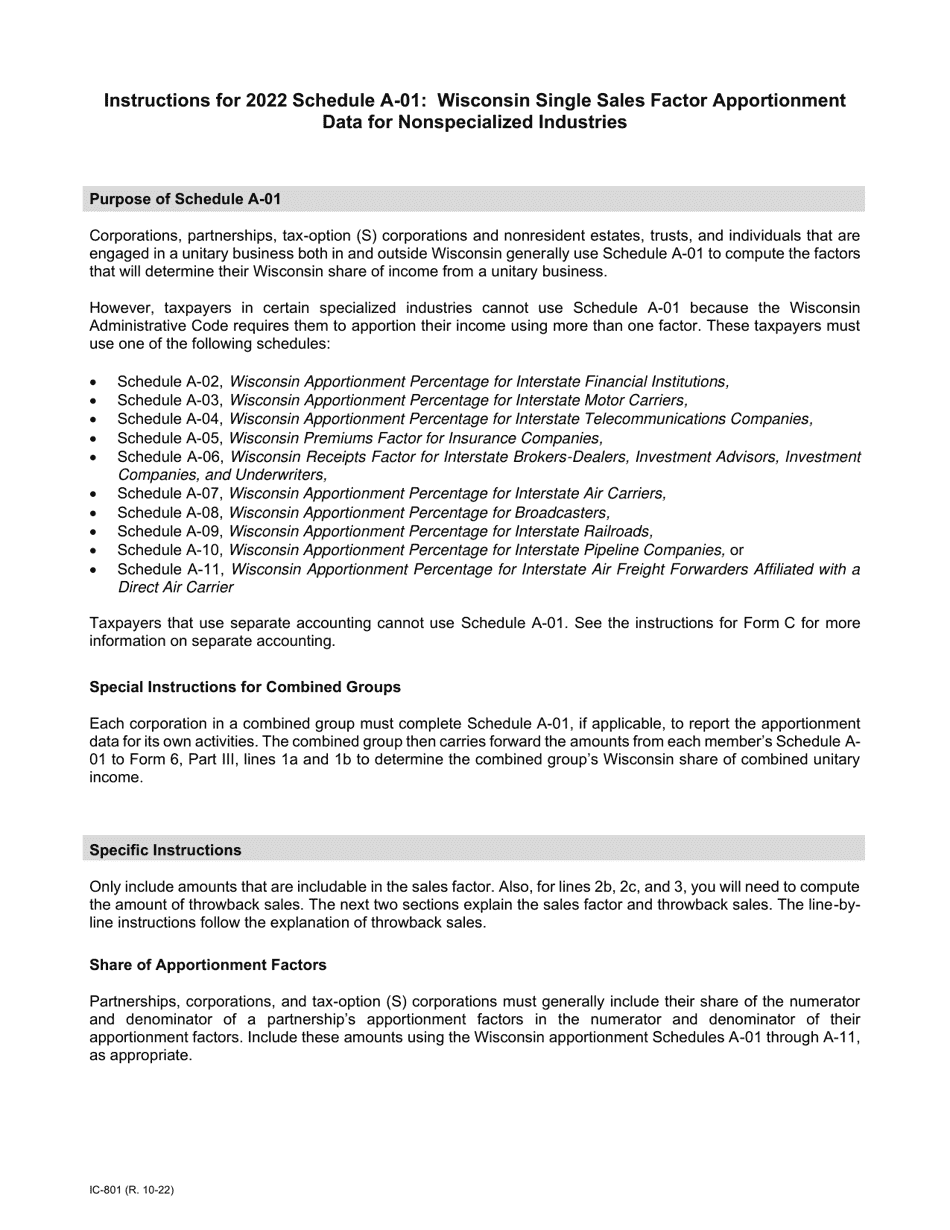 Instructions for Form IC-043 Schedule A-01 Wisconsin Single Sales Factor Apportionment Data for Nonspecialized Industries - Wisconsin, Page 1