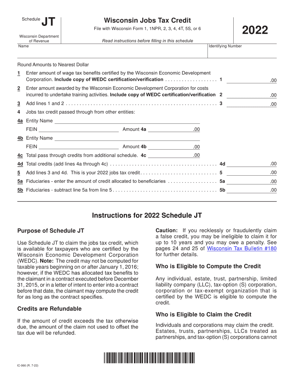 Form IC-066 Schedule JT Wisconsin Jobs Tax Credit - Wisconsin, Page 1