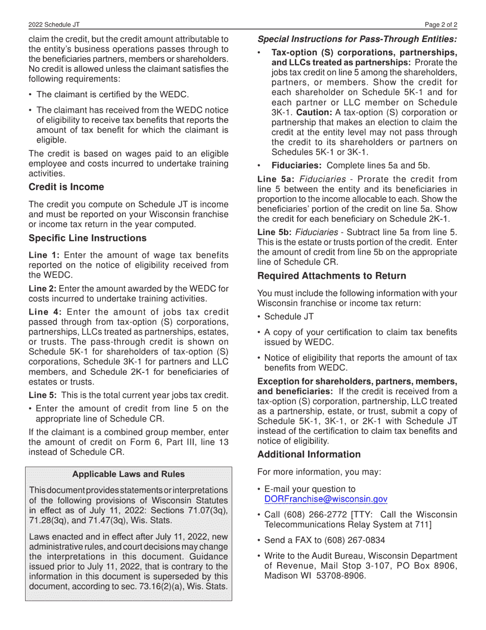 Form IC-066 Schedule JT Wisconsin Jobs Tax Credit - Wisconsin, Page 2