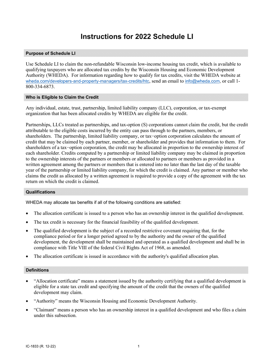 Instructions for Form IC-833 Schedule LI Wisconsin Low-Income Housing Tax Credit - Wisconsin, Page 1