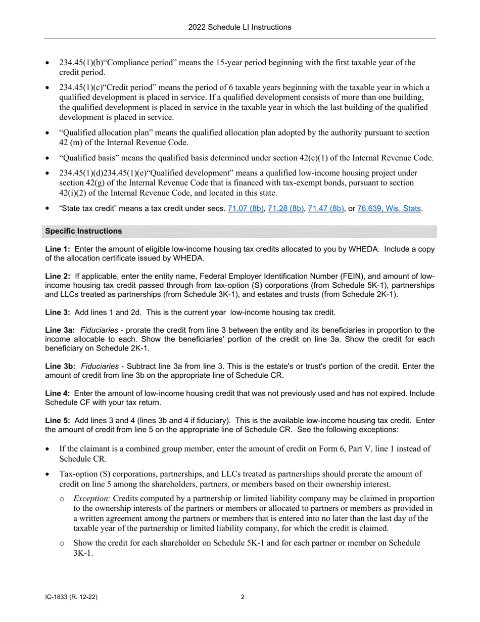 Instructions for Form IC-833 Schedule LI Wisconsin Low-Income Housing Tax Credit - Wisconsin, Page 2