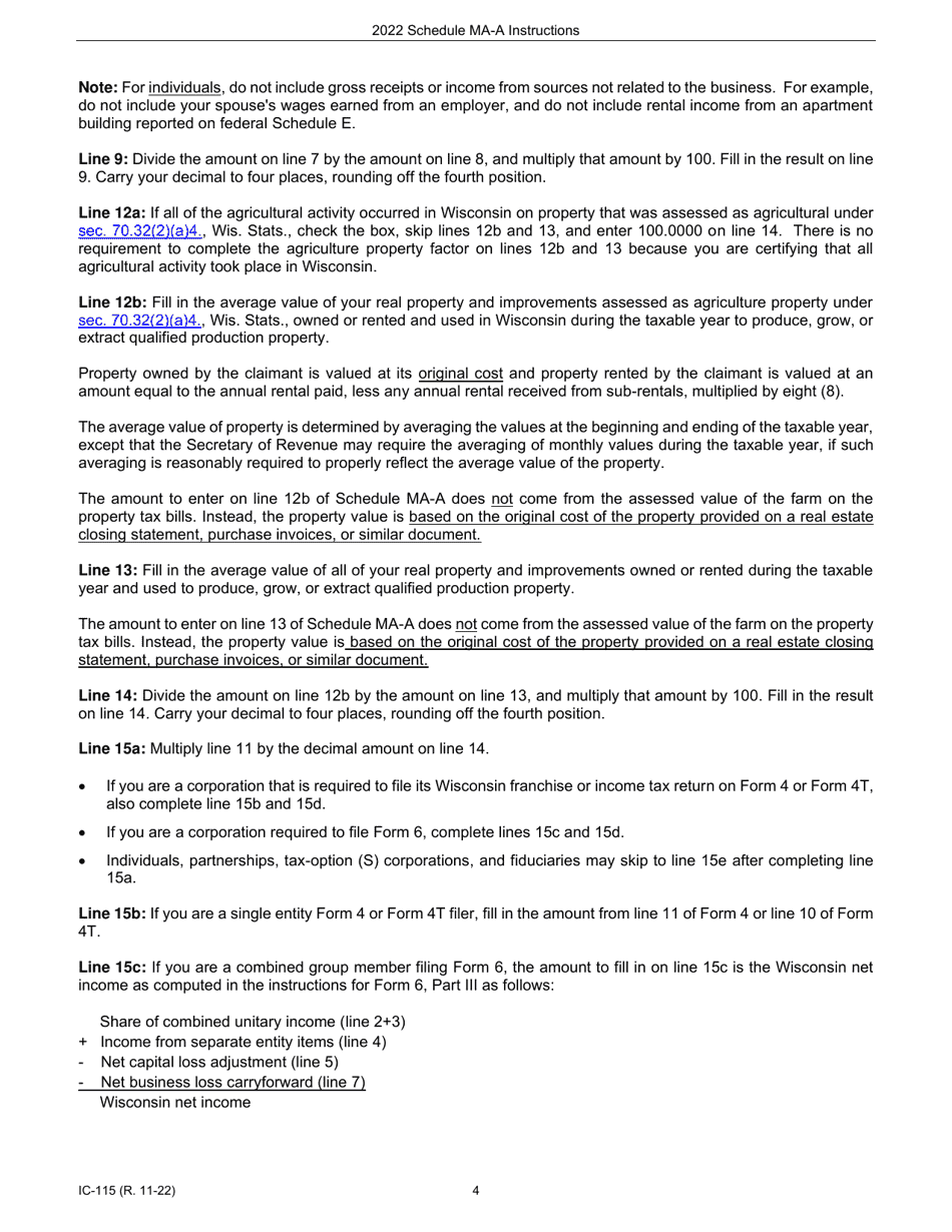 Instructions for Form IC-015 Schedule MA-A Wisconsin Agricultural Credit - Wisconsin, Page 4