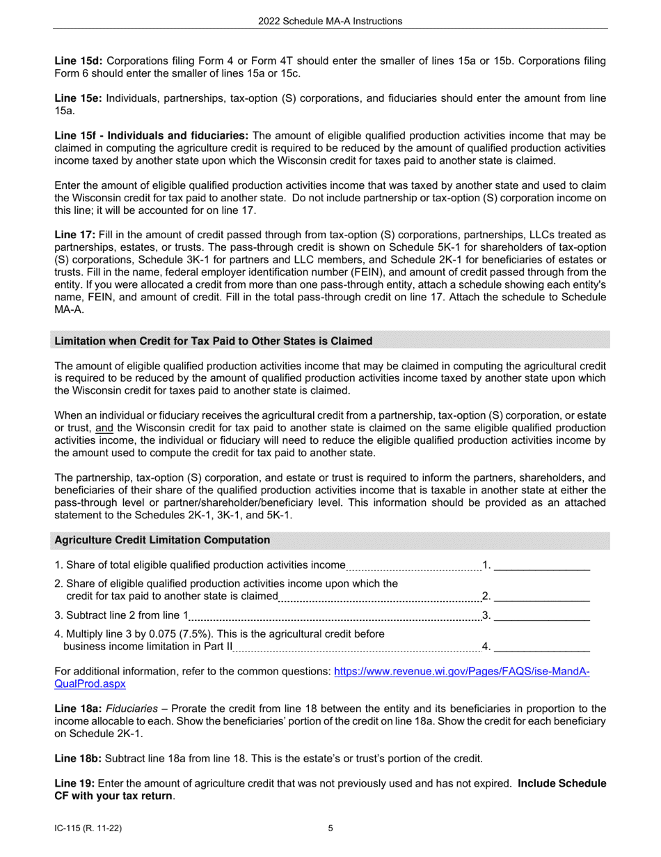 Instructions for Form IC-015 Schedule MA-A Wisconsin Agricultural Credit - Wisconsin, Page 5