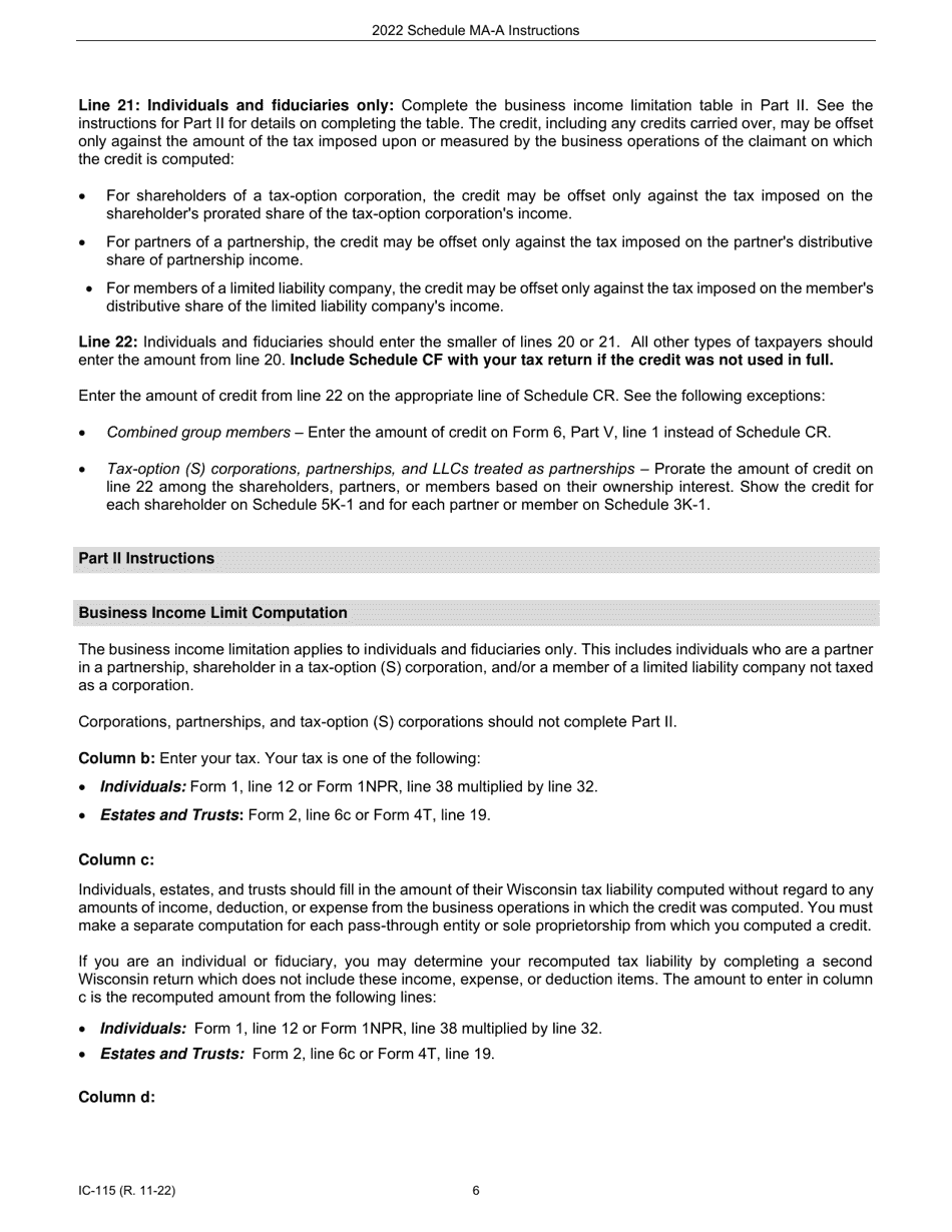 Instructions for Form IC-015 Schedule MA-A Wisconsin Agricultural Credit - Wisconsin, Page 6