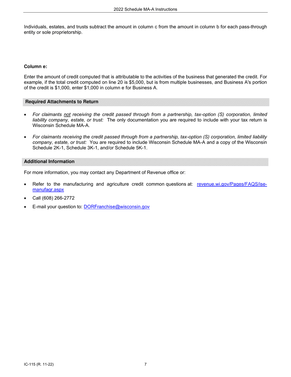 Instructions for Form IC-015 Schedule MA-A Wisconsin Agricultural Credit - Wisconsin, Page 7