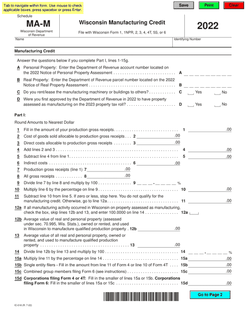 Form IC-016 Schedule MA-M 2022 Printable Pdf