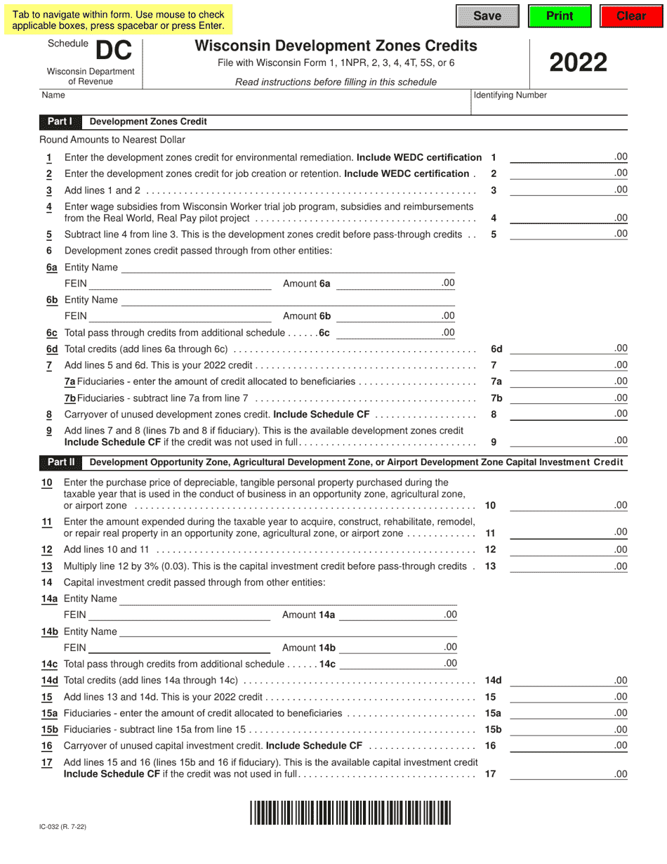 Form IC-032 Schedule DC Wisconsin Development Zones Credits - Wisconsin, Page 1