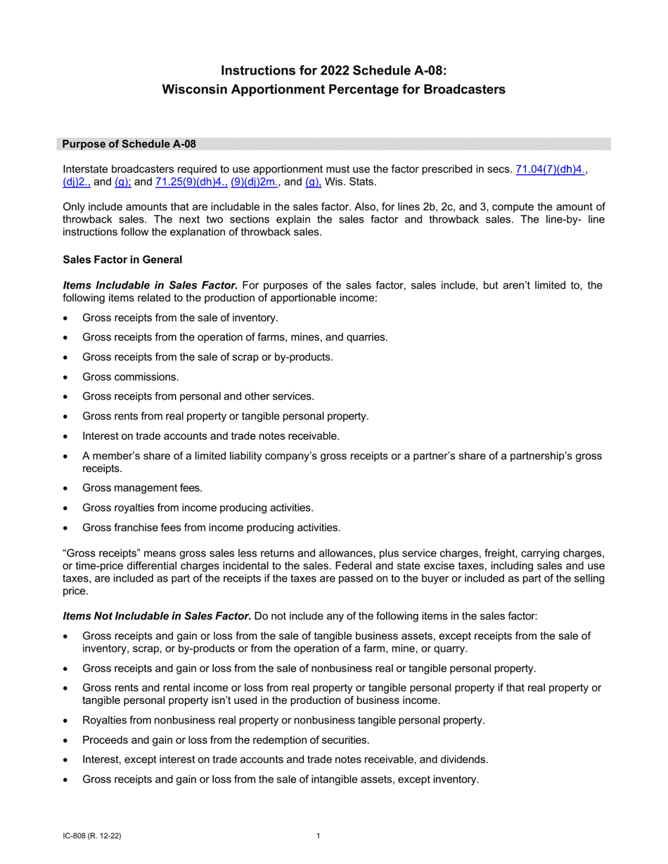 Instructions for Form IC-306 Schedule A-08 Wisconsin Apportionment Percentage for Broadcasters - Wisconsin, Page 1