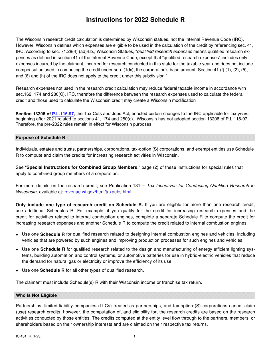 Instructions for Form IC-031 Schedule R Wisconsin Research Credits - Wisconsin, Page 1