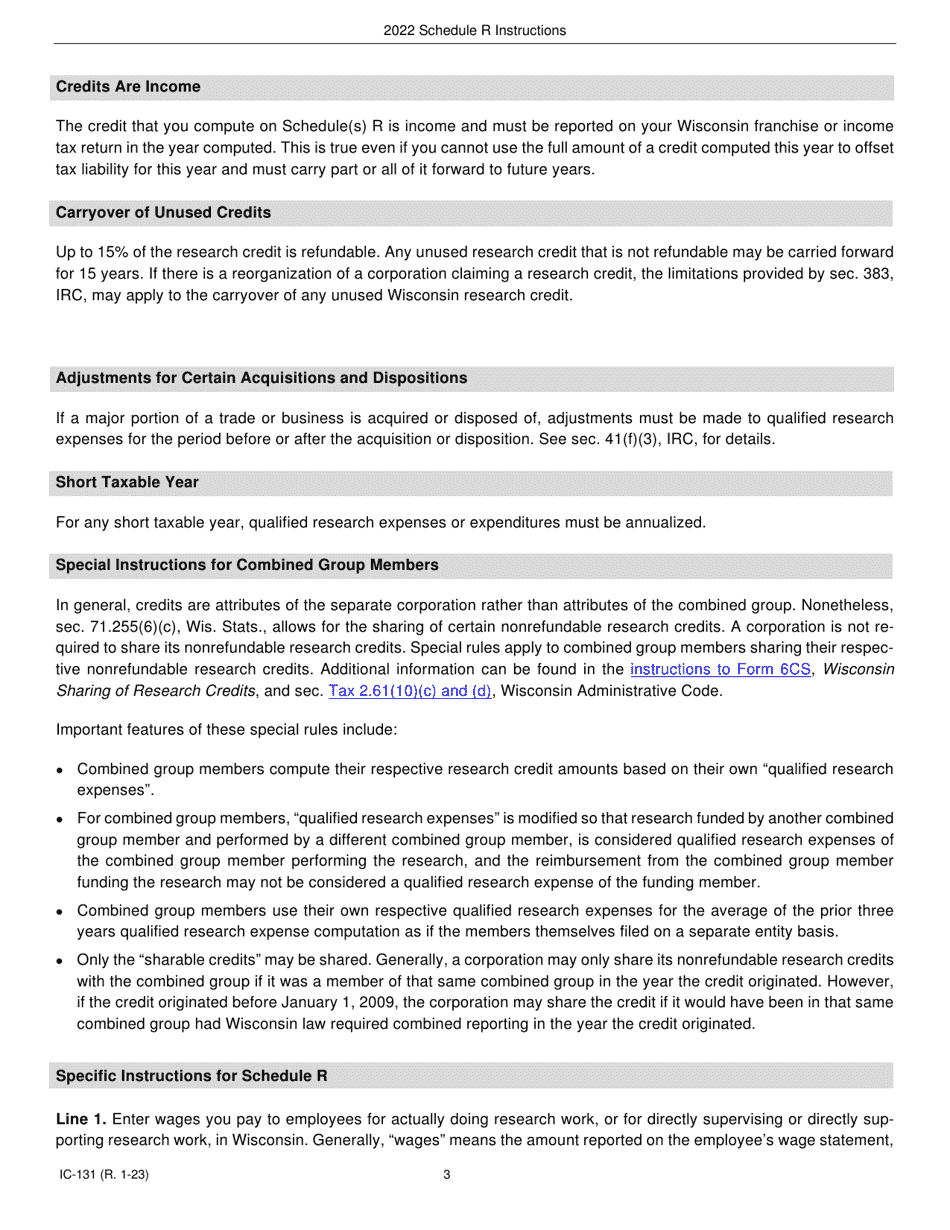 Instructions for Form IC-031 Schedule R Wisconsin Research Credits - Wisconsin, Page 3