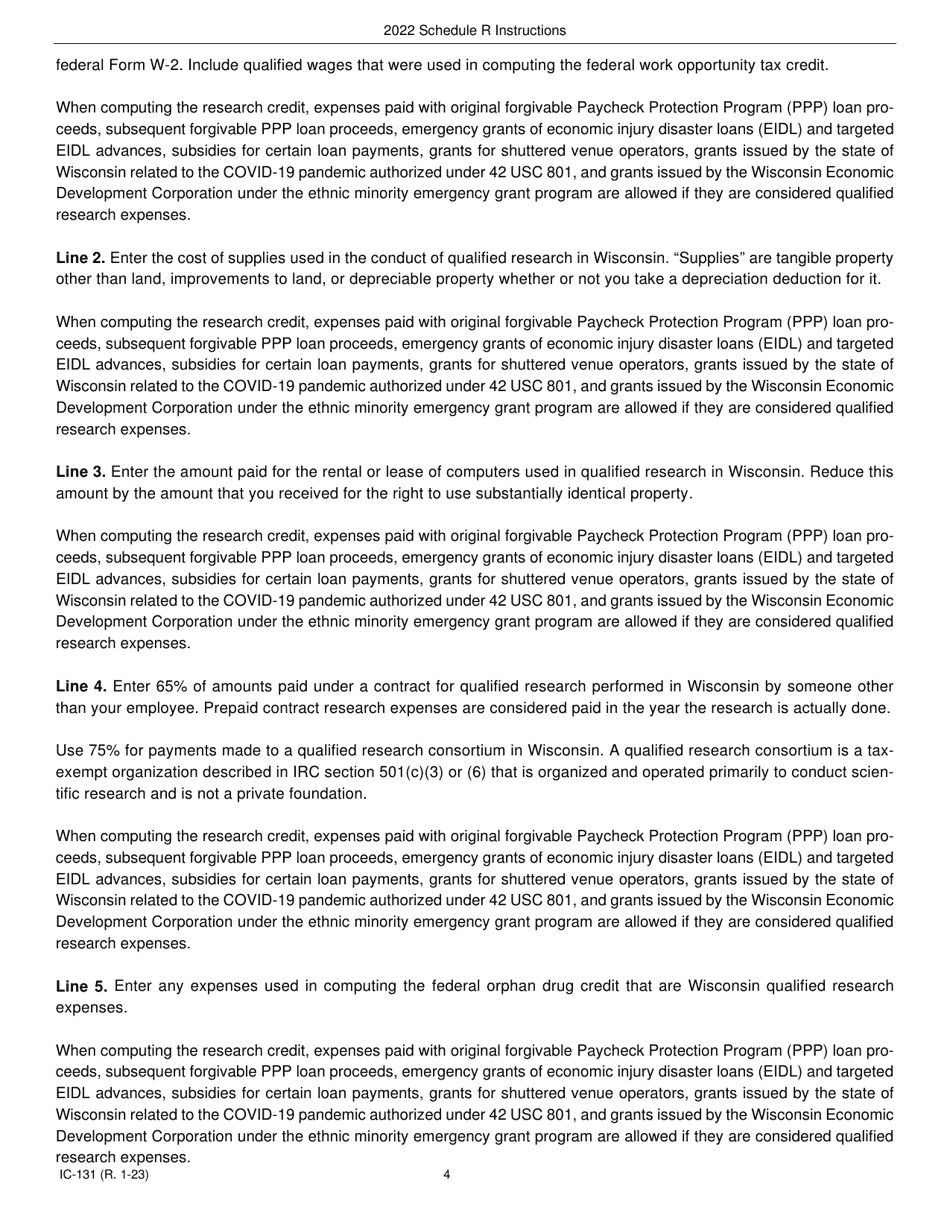 Instructions for Form IC-031 Schedule R Wisconsin Research Credits - Wisconsin, Page 4