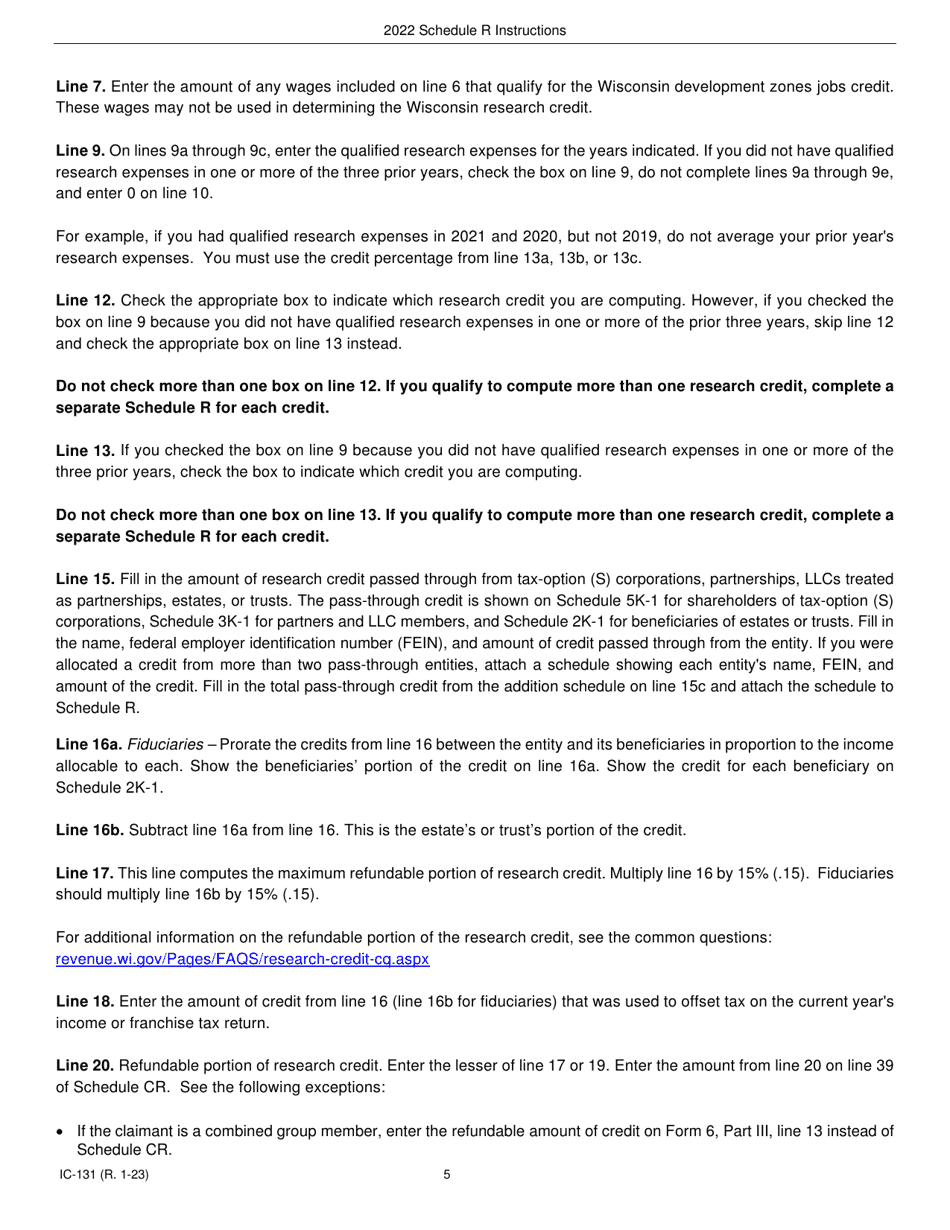 Instructions for Form IC-031 Schedule R Wisconsin Research Credits - Wisconsin, Page 5