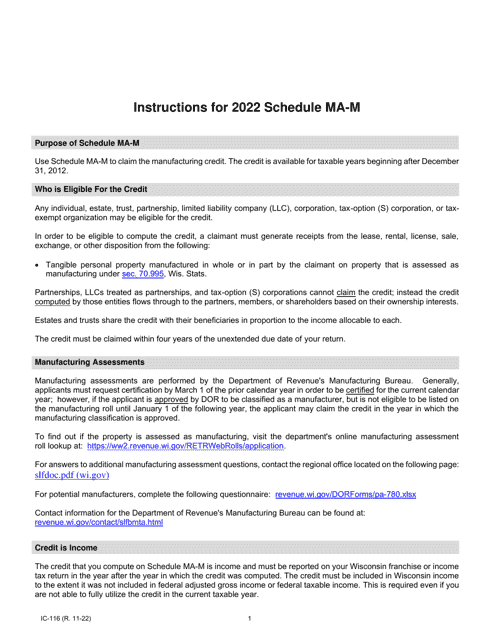 Form IC-016 Schedule MA-M 2022 Printable Pdf