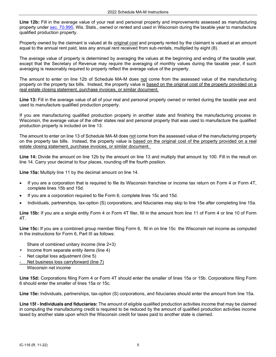 Instructions for Form IC-016 Schedule MA-M Wisconsin Manufacturing Credit - Wisconsin, Page 5