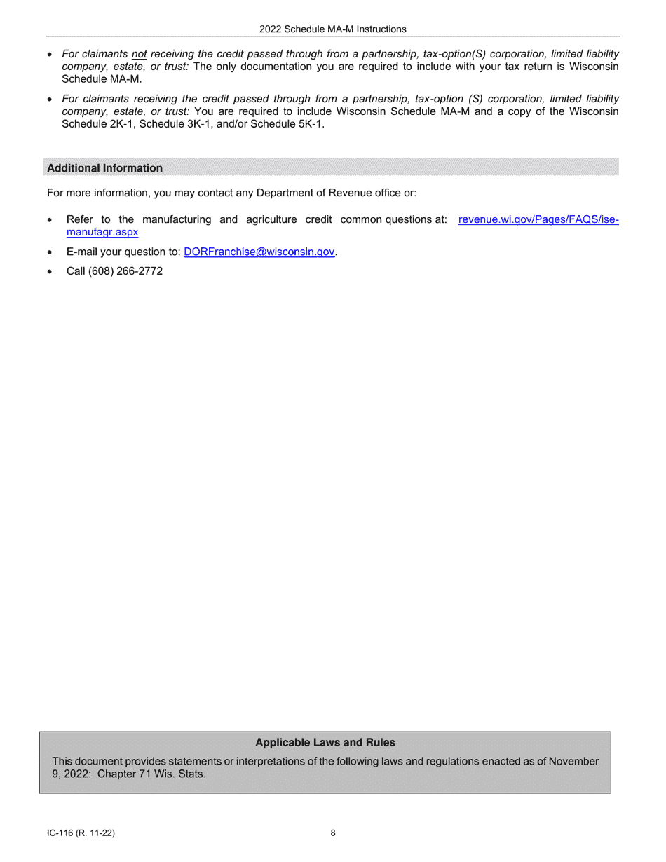 Instructions for Form IC-016 Schedule MA-M Wisconsin Manufacturing Credit - Wisconsin, Page 8