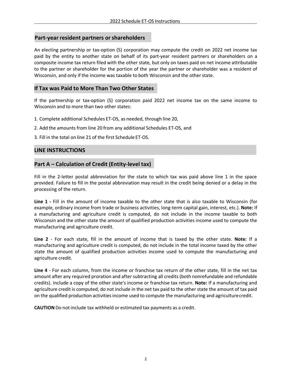 Instructions for Form IC-020 Schedule ET-OS Credit for Net Tax Paid to Another State - Wisconsin, Page 2