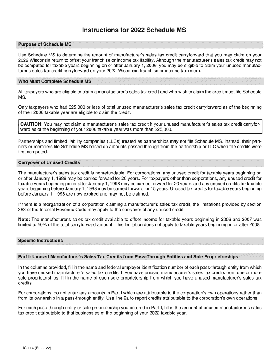 Instructions for Form IC-014 Schedule MS Wisconsin Manufacturers Sales Tax Credit Carryforward Allowable - Wisconsin, Page 1