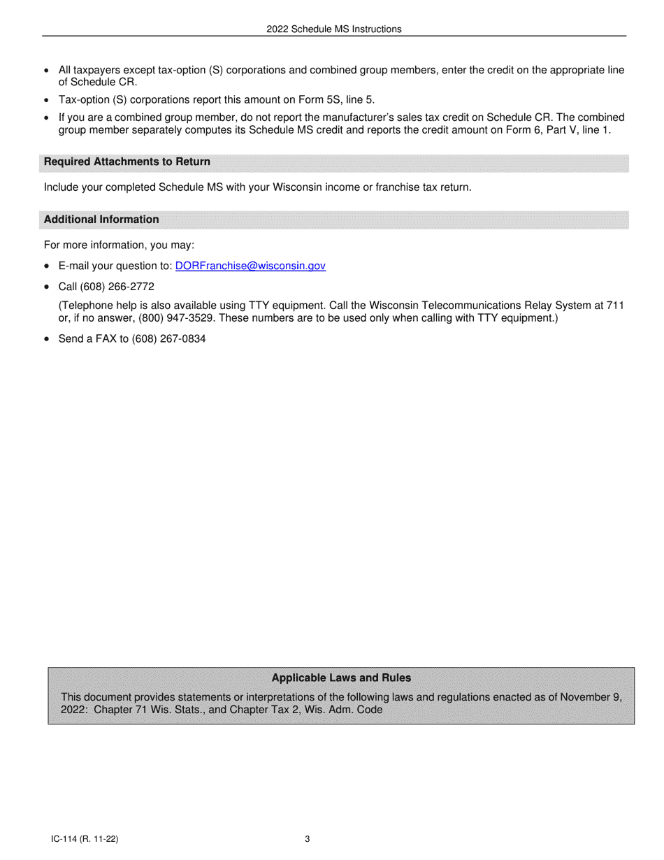 Instructions for Form IC-014 Schedule MS Wisconsin Manufacturers Sales Tax Credit Carryforward Allowable - Wisconsin, Page 3