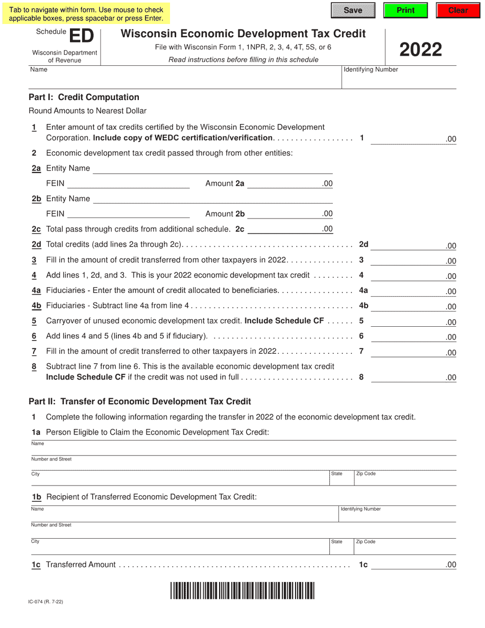 Form IC-074 Schedule ED Wisconsin Economic Development Tax Credit - Wisconsin, Page 1