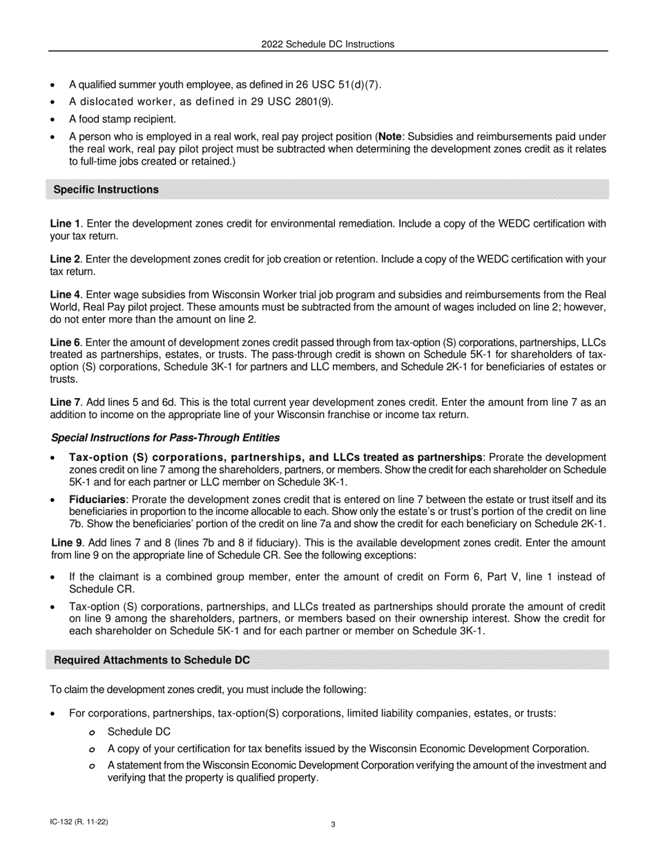 Instructions for Form IC-032 Schedule DC Wisconsin Development Zones Credits - Wisconsin, Page 3