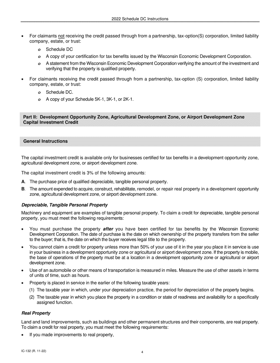 Instructions for Form IC-032 Schedule DC Wisconsin Development Zones Credits - Wisconsin, Page 4