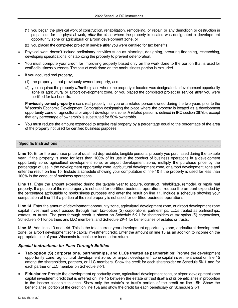 Instructions for Form IC-032 Schedule DC Wisconsin Development Zones Credits - Wisconsin, Page 5