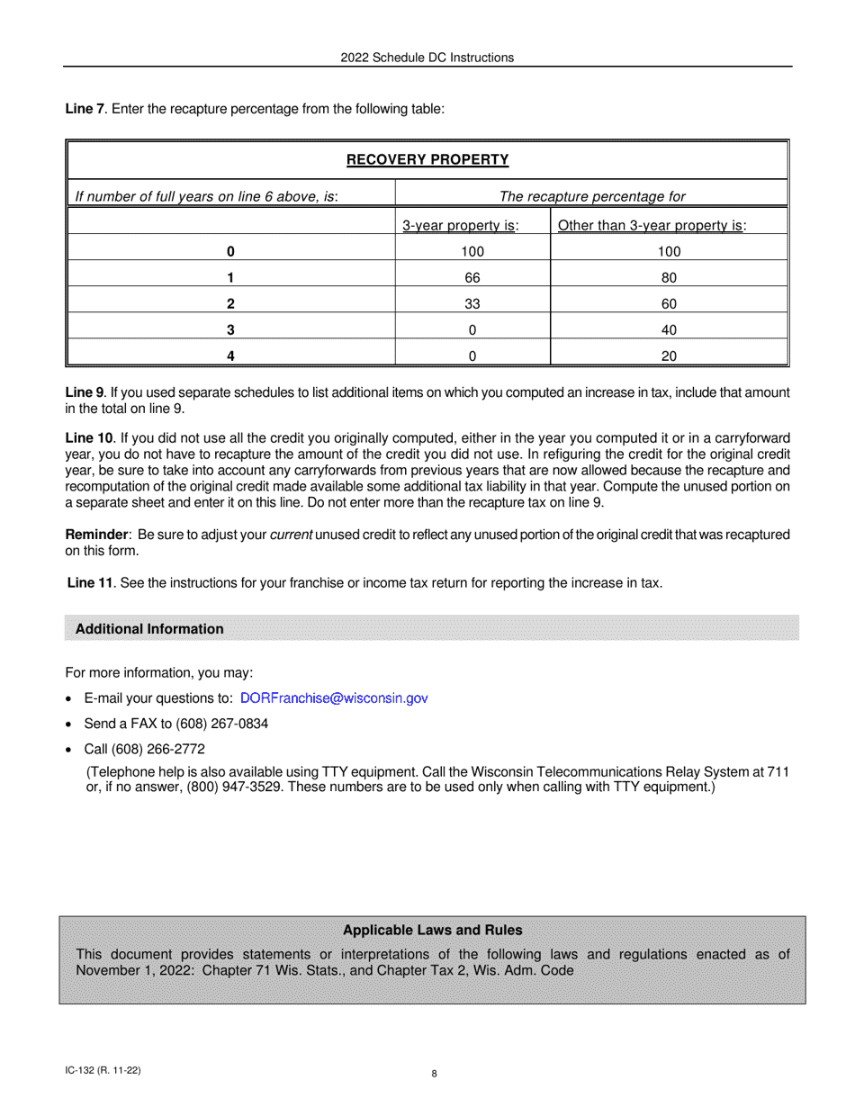 Instructions for Form IC-032 Schedule DC Wisconsin Development Zones Credits - Wisconsin, Page 8