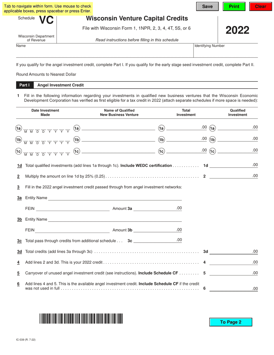 Form IC-039 Schedule VC Wisconsin Venture Capital Credits - Wisconsin, Page 1