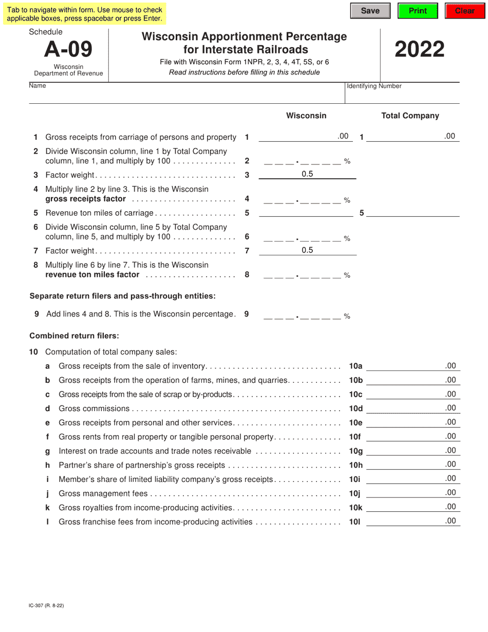 Form IC-307 Schedule A-09 Wisconsin Apportionment Percentage for Interstate Railroads - Wisconsin, Page 1