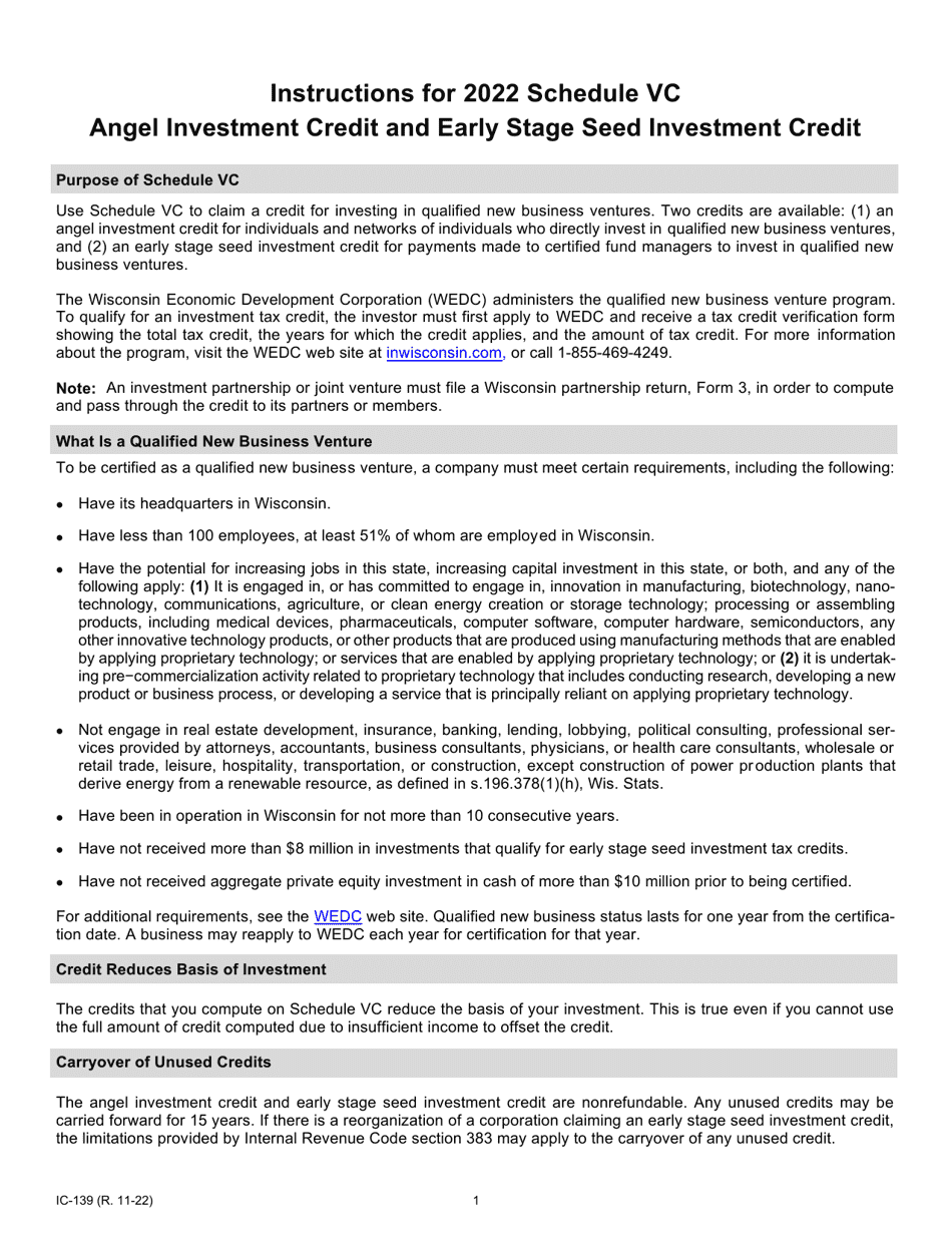 Instructions for Form IC-039 Schedule VC Angel Investment Credit and Early Stage Seed Investment Credit - Wisconsin, Page 1