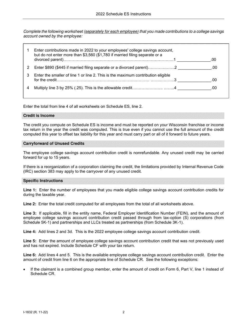 Instructions for Form I-832 Schedule ES Employee College Savings Account Contribution Credit - Wisconsin, Page 2