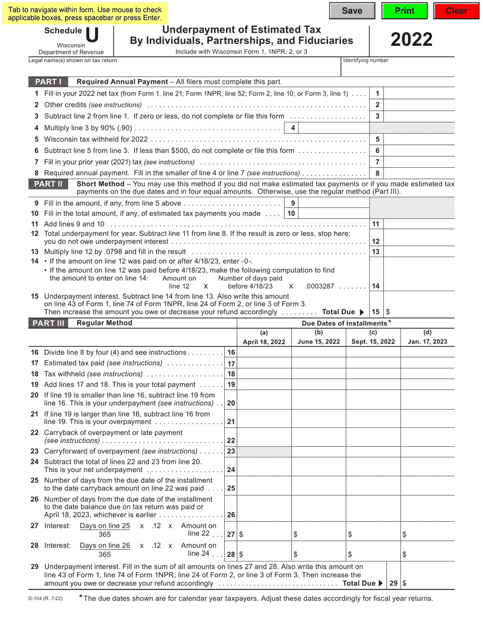 Form D-104 Schedule U Underpayment of Estimated Tax by Individuals, Partnerships, and Fiduciaries - Wisconsin, Page 1