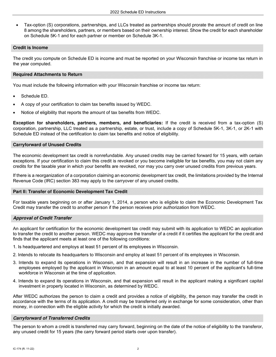 Instructions for Form IC-074 Schedule ED Wisconsin Economic Development Tax Credit - Wisconsin, Page 2