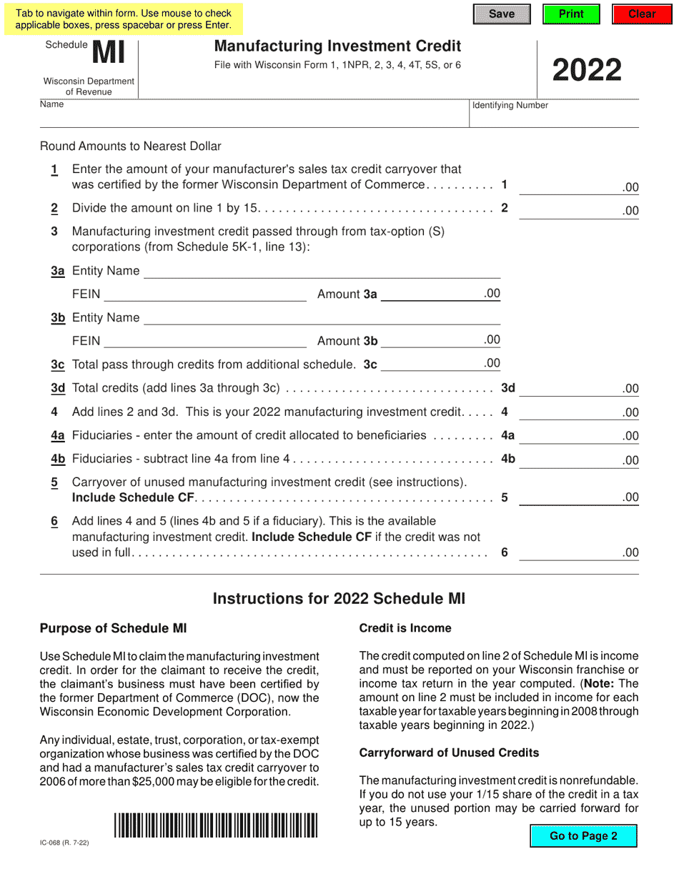 Form IC-068 Schedule MI Manufacturing Investment Credit - Wisconsin, Page 1