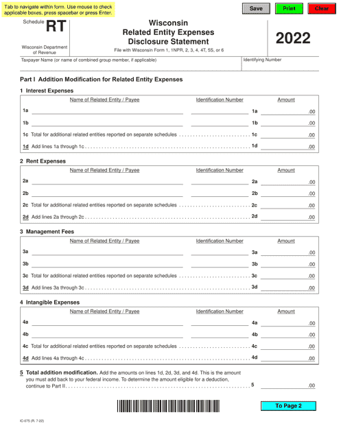 Form IC-075 Schedule RT 2022 Printable Pdf